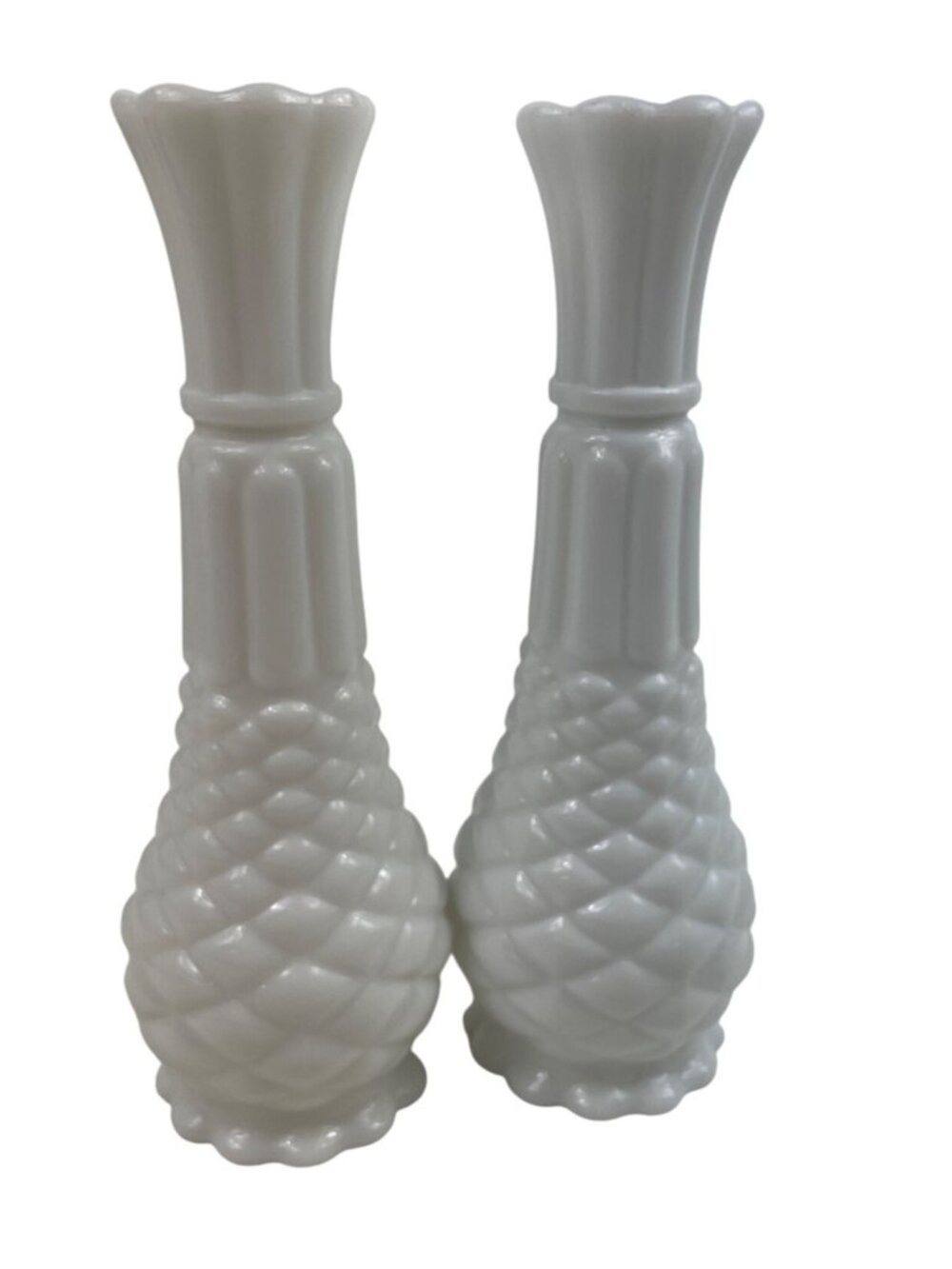 Vintage Anchor Hocking White Milk Glass Pineapple Bud Vase 9” Tall Set of 2 - Picture 5 of 10